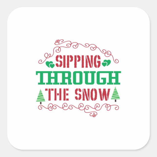 Sticker Carré Cadeau de Noël Sipping À Travers La Neige (Devant)