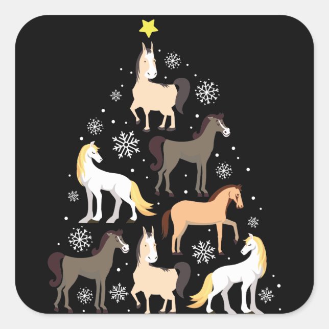 Sticker Carré Cadeau équestre mignon d'arbre de Noël de cheval (Devant)