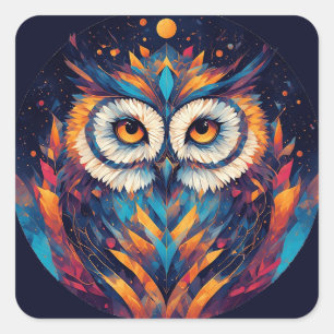Sticker Carré Cadeau Esthétique de Sagesse de Hibou Géométrique