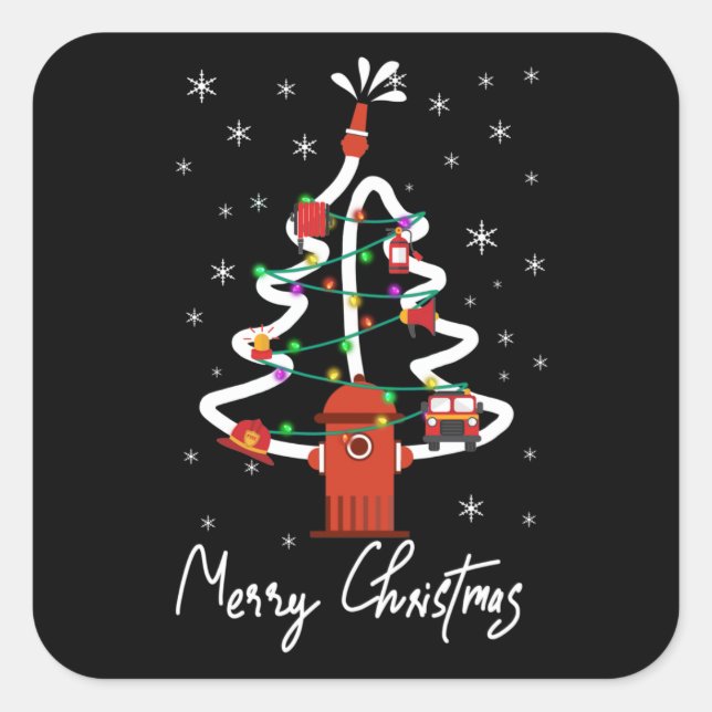 Sticker Carré Cadeau pompier | Joyeux pompier de Noël (Devant)