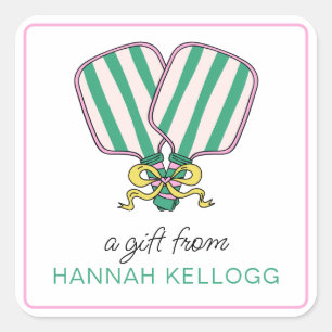 Sticker Carré Cadeau Preppy Pink Green & Yellow Pickleball Paddl