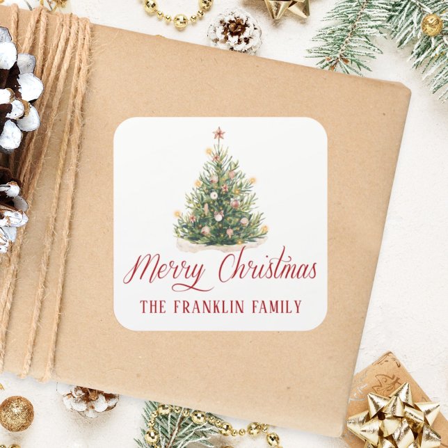 Sticker Carré Cadeau traditionnel Arbre de Noël Aquarelle (Créateur téléchargé)