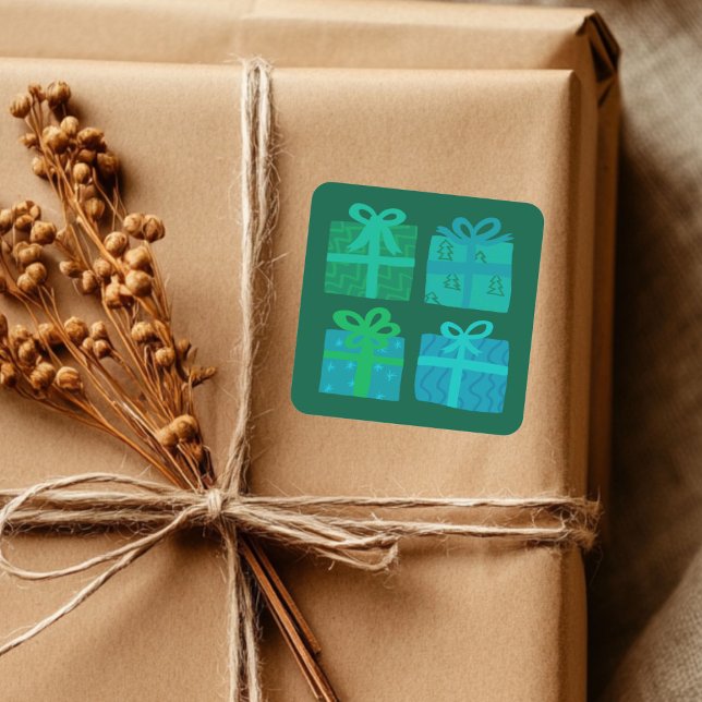 Sticker Carré Cadeaux de Vacances présente un Noël joli dessiné  (Holiday Gifts Presents Cute Hand-drawn Christmas Square Sticker
)