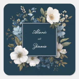 Sticker Carré Cadre Carré Moderne Fleur Anémone Blanc Bleu Marin