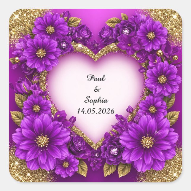 Sticker Carré Cadre Cœur Violet avec Paillettes et Fleurs (Devant)