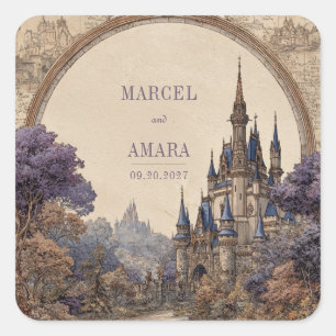 Sticker Carré Cadre d'arche de château Blue Spire Vintage Mariag