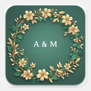 Sticker Carré Cadre de couronne florale dorée pour invitations é