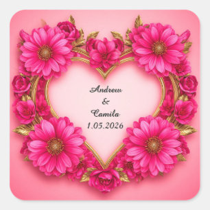 Sticker Carré Cadre de fleurs en forme de cœur avec des fleurs r