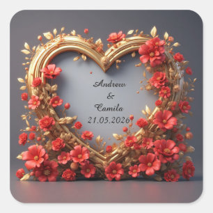 Sticker Carré Cadre de mariage Cœur Doré