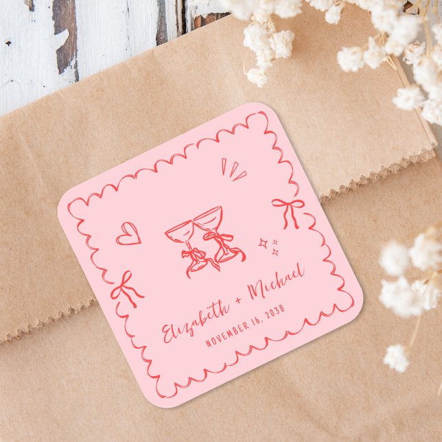 Sticker Carré Cadre de mariage ondulé rose fantaisiste (Whimsical Pink Red Wavy Frame Wedding Square Sticker)
