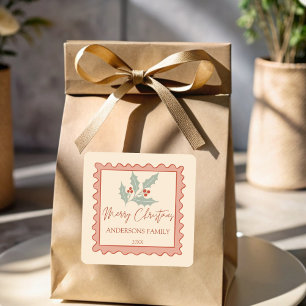 Sticker Carré Cadre de timbre post rétro rouge joyeux Noël