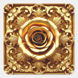 Sticker Carré Cadre Décoratif Orné Rose Dorée Élégante