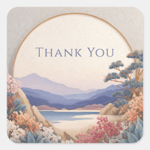 Sticker Carré Cadre doré Zen Indigo Mountain Circle Fleur de Pêc