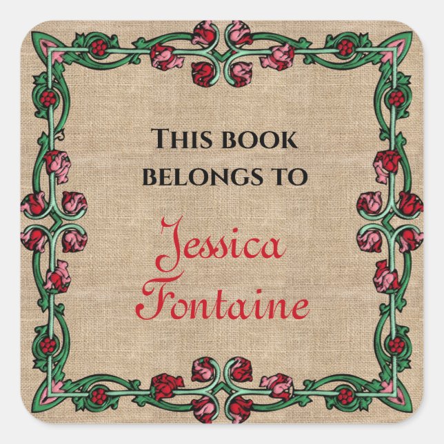 Sticker Carré Cadre Floral Art Déco Rouge rose Vert Personnalisé (Devant)