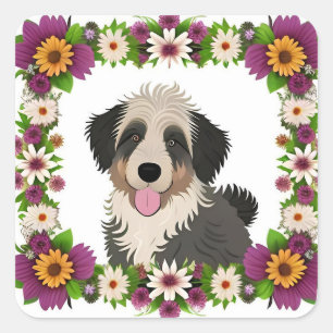 Sticker Carré Cadre floral coloré avec illustration de chien mig
