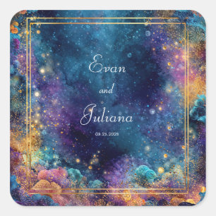 Sticker Carré Cadre Géométrique Or Céleste Mariage Galaxie