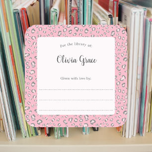 Sticker Carré Cadre léopard rose gris avec nom 2 bibliothèque