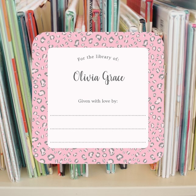 Sticker Carré Cadre léopard rose gris avec nom 2 bibliothèque (Créateur téléchargé)
