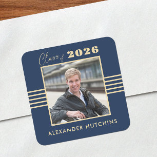 Sticker Carré Cadre photo Navy Gold pour diplômé 2026