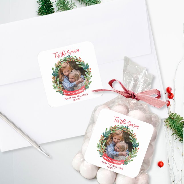 Sticker Carré Cadre Photo Wreath Personnalisé 'Tis Season, Holid (Créateur téléchargé)