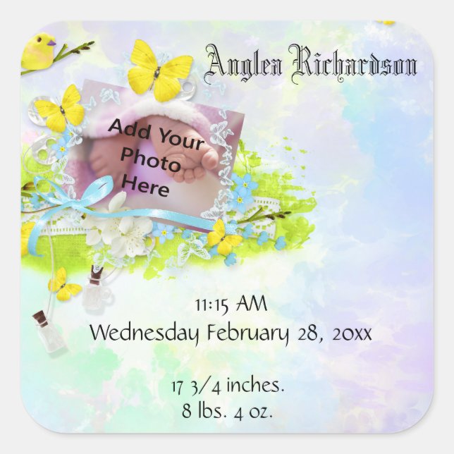 Sticker Carré Cadres photo pour bébé à l’oiseau jaune et aux pap (Devant)