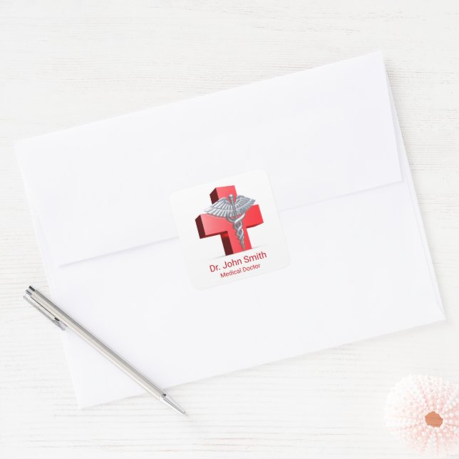 Sticker Carré Caduceus 3D Médicale Croix Rouge Argent (Enveloppe)