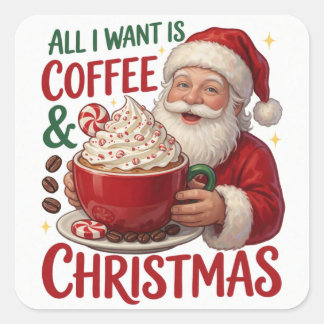 Sticker Carré Café de Noël avec le Père Noël Matin Fête de Noël 