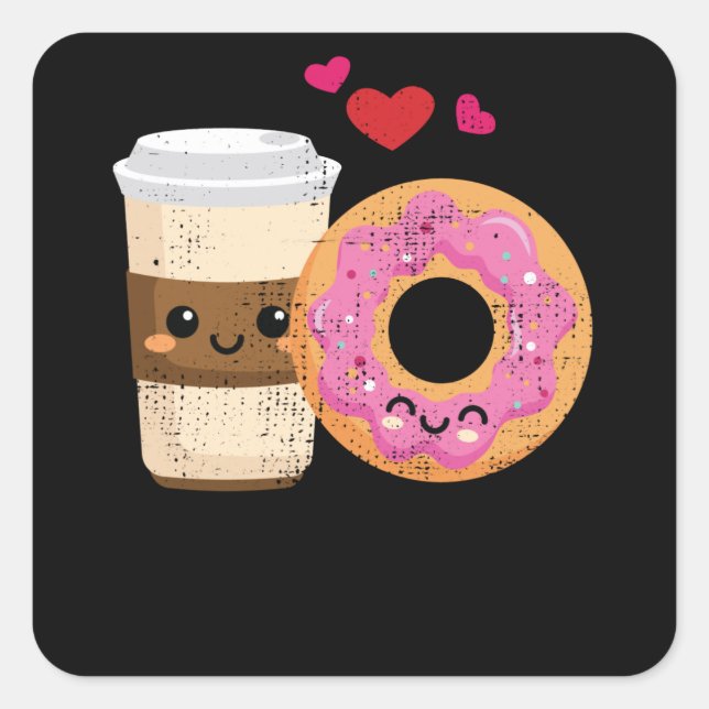 Sticker Carré Café Drôle Et Couple De Donut Kawaii Valentines (Devant)