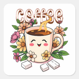 Sticker Carré Café et fleurs Cute Kawaii