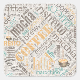 Sticker Carré Café sur Burlap Word Cloud Turquoise ID283