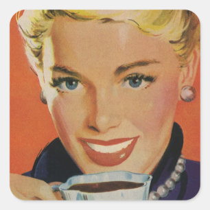 Sticker Carré Café Vintage, Femme Heureuse avec Tasse de Café Ré