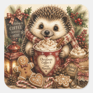 Sticker Carré Cafetière de Noël Hérisson Cozy Vacances