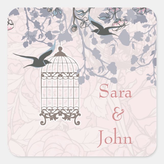 Sticker Carré cage d'oiseau rose floral, enveloppe inséparable s (Devant)