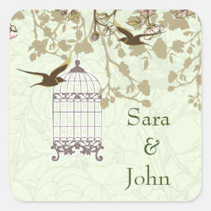 Sticker Carré cage d'oiseau vert fleuri, enveloppe inséparable s