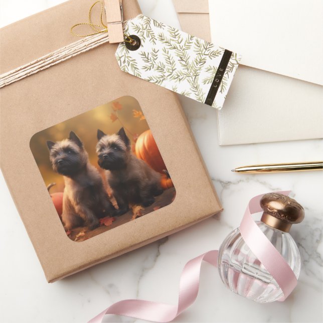 Sticker Carré Cairn Terrier Chiot Automne Citrouille de plaisir (Cadeaux)