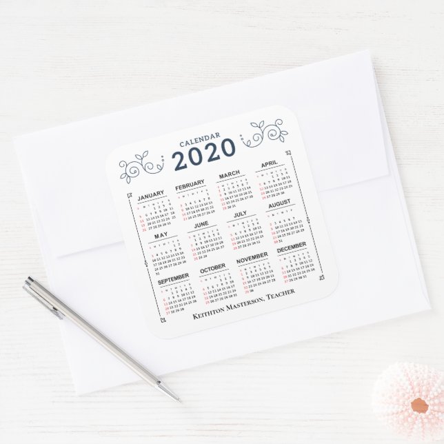 Sticker Carré Calendrier mensuel 2020 Personnaliser personnalisé (Enveloppe)
