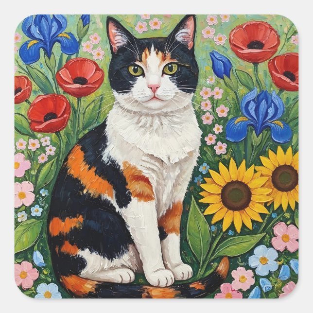 Sticker Carré Calico Cat and Folk Art Sunflowers (Devant)