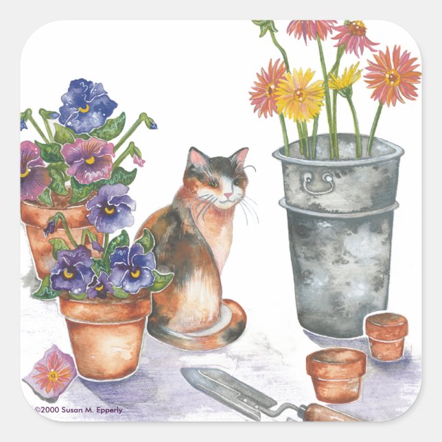 Sticker Carré Calico Cat Pansies Maisies Aquarelle "Don Juan" (Devant)