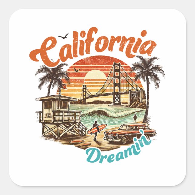 Sticker Carré California Dreamin’ - pont côtier, plage (Devant)