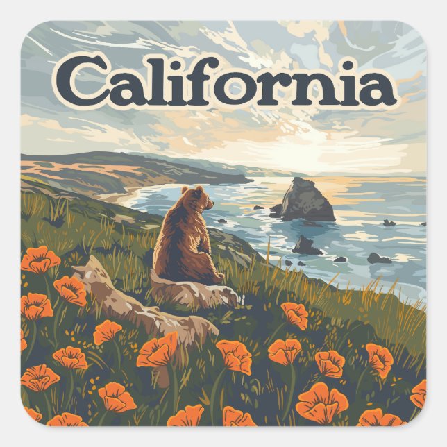 Sticker Carré Californie Bear Poppies Fleurs Côte Retro (Devant)