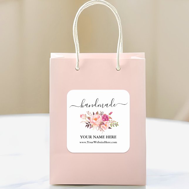 Sticker Carré Calligraphie Aquarelle artisanale Pink Blush Flora (Customize to change text size, color or text style.)