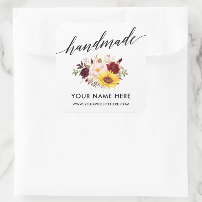 Sticker Carré Calligraphie artisanale Aquarelle Florale Petite (Sac)