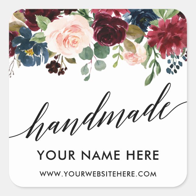 Sticker Carré Calligraphie artisanale Burgundy Bleu Floral Petit (Devant)