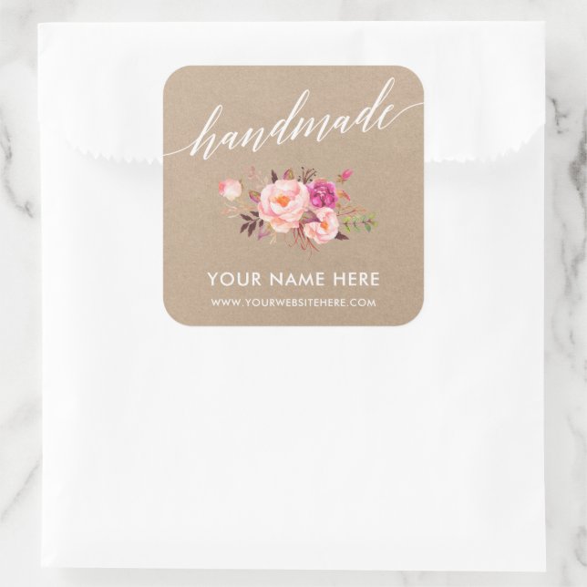 Sticker Carré Calligraphie artisanale rose Floral Kraft Petit (Sac)