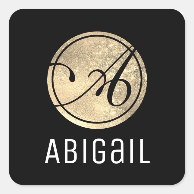 Sticker Carré Calligraphie classique simple Monogramme or et noi (Devant)