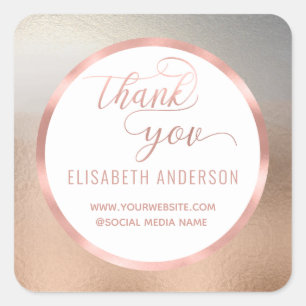 Sticker Carré Calligraphie de feuille d'or rose merci