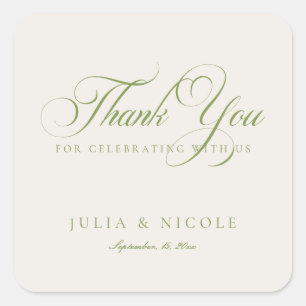 Sticker Carré Calligraphie de mariage classique vert ivoire scri