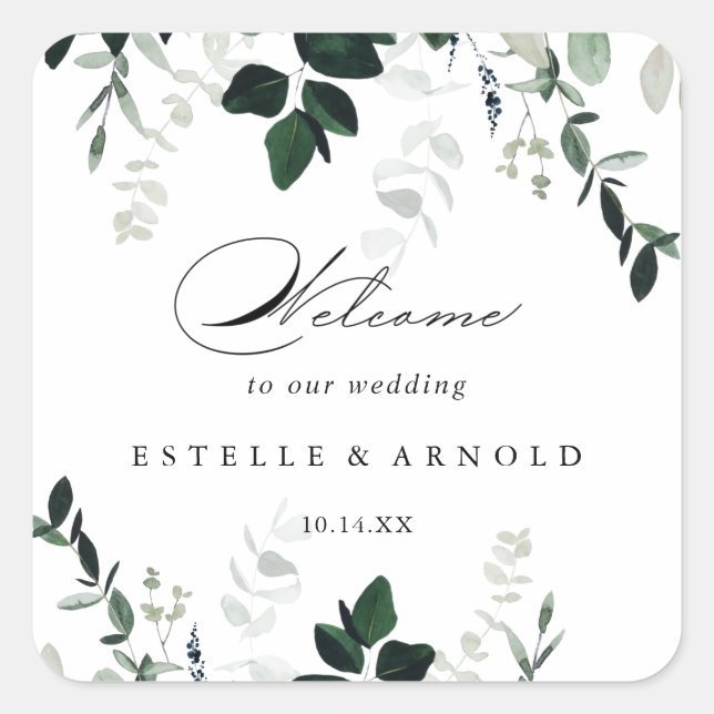 Sticker Carré Calligraphie minimaliste verdure Mariage Bienvenue (Devant)