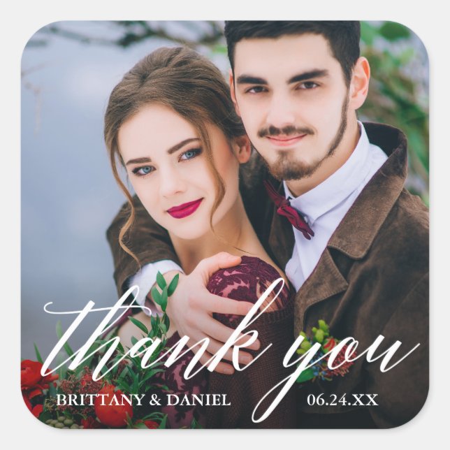 Sticker Carré Calligraphie moderne Couple Photo Mariage Merci (Devant)