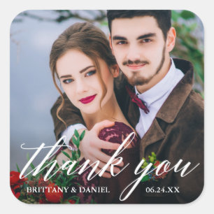 Sticker Carré Calligraphie moderne Couple Photo Mariage Merci